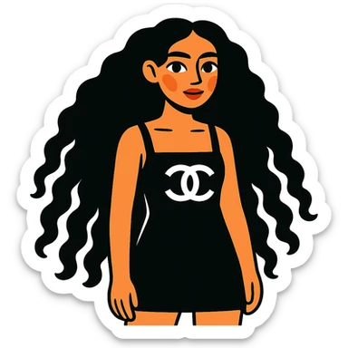 light skin girl with very long black curly hair, brown eyes, black Chanel dress sticker