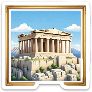 Cinematic Realistic Acropolis Landmark Emoji, showing the Parthenon standing proudly atop the Acropolis hill, with its marble columns glowing under the warm Athenian sunlight against a blue sky. sticker