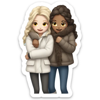 Three girls hugging - all with pale skin, two with dark blonde hair and one with dark brown hair. Girls are in white oversized winter jackets and standing full length. sticker