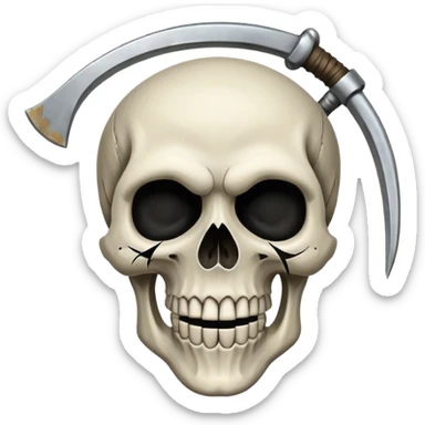 A laughing skull with a scythe crossed behind it, one eye socket winking. Clean, stylized lines, flat vector. Medieval woodcut style. Black and white with one accent color (tarnished silver). No background. sticker