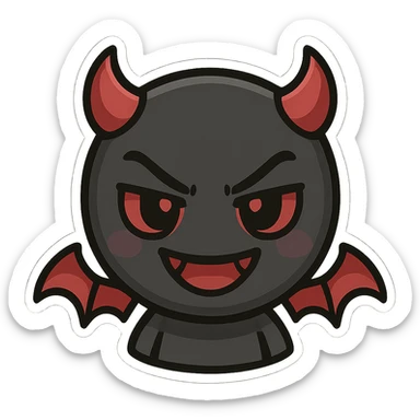 devil emoji in chibi style with gothic palette black and red, small horns, mischievous grin sticker