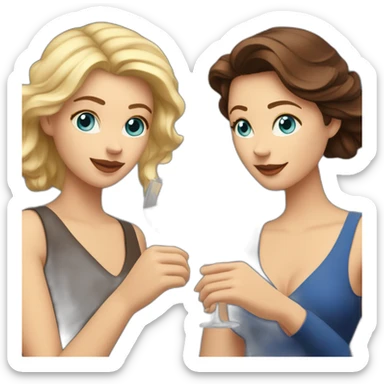 White woman with brown hair and brown eyes toasting with a red wine together with white woman with blond hair and blue eyes with red wine sticker