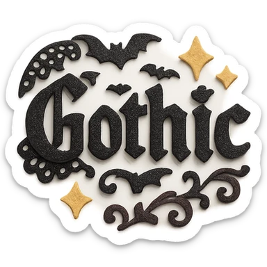 Add gothic motifs such as black lace, tiny bats, and ornate flourishes around the sparkling black text, keep the 3D paper-craft effect, kawaii style, no outline, transparent background. sticker