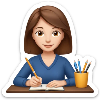 happy woman with brown hair writing a book sticker