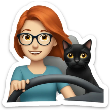 Redhead girl glasses driving blue with two black cats  sticker