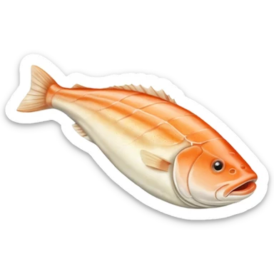 raw cod fillet, white to pale ivory, moist, flaky, curved, muscle grain lines, tapered end, fresh, soft lighting, subtle shadows, no plate, no garnish, no faces, transparent background, emoji scale sticker