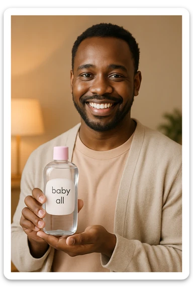 A Black man presenting baby oil, casual clothing, soft colors, inviting atmosphere sticker
