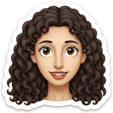 Long dark brown curly hair, long nose, long chin, long face, thin small dark brown eyes, dark far away eyebrows, light medium skin tone, small lips, big teeth sticker