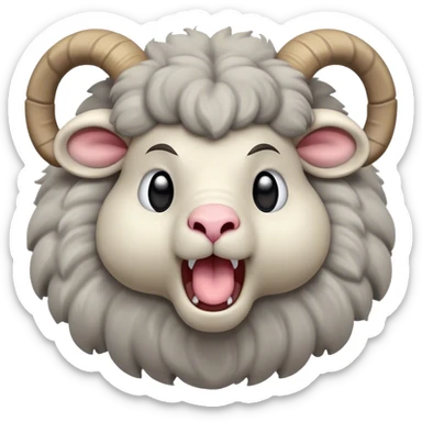 Cinematic Cute Yawning Ram Portrait Emoji, Head tilted slightly with a dramatic, wide-open yawn, showcasing a soft, woolly grey fur with gently drooping horns and ears, round dark eyes barely open in drowsy contentment, Simplified yet irresistibly adorable features, highly detailed, glowing with a soft, cozy glow, high shine, relaxed yet expressive, stylized with a touch of rugged whimsy, bright and endearing, soft glowing outline, capturing the essence of a sleepy yet affectionate ram, so drowsy it feels like it could stretch out of the screen and curl up for a nap! sticker