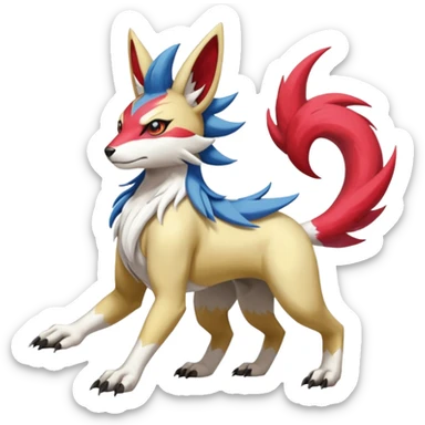 Colorful Skilled Adept Graceful Asian Painted WereGarurumon-Linoone-Meloetta-Renamon-Zangoose-fusion-hybrid-creature (full body) sticker