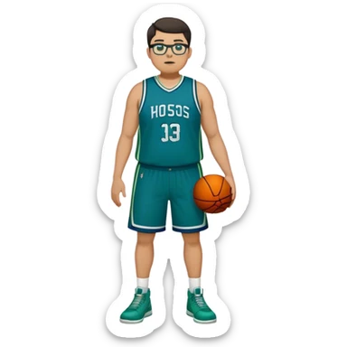 Full Body tall plus size white male with dark short hair basketball player wearing glasses wearing blue green uniform sticker