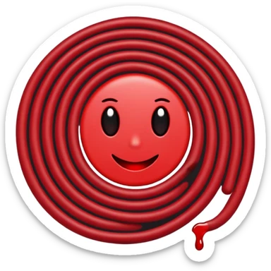 Minimalist emoji-style sticker of a coiled red carpet with drops of blood on the floor around it. Flat design, black and desaturated red tones, no perspective, bold lines. sticker