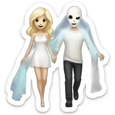 a blondie girl and a bald guy dressed as a ghost going to a party sticker