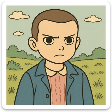 Create a version of Eleven with shaved hair, serious expression, simple and delicate line art as in the reference drawing, colored in pastel tones, with very thick and dark outlines. Style: Ghibli. Format 1:1. sticker