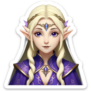 Cinematic Realistic WoW Elf Mage Portrait, head tilted dramatically with an exaggeratedly amused expression, blending timeless arcane wisdom with a touch of unexpected playfulness. Her luminous, porcelain-like skin and delicate features, complemented by an intricately detailed robe in deep blues and purples with golden filigree, are rendered with lifelike texture and dynamic magical lighting, high shine, dramatic yet whimsical, capturing the essence of an elven mage whose epic mastery is tinged with charming irreverence. sticker
