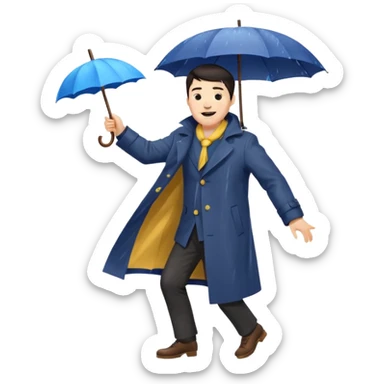 A dark-haired boy with a white beard dancing with an umbrella in the rain sticker