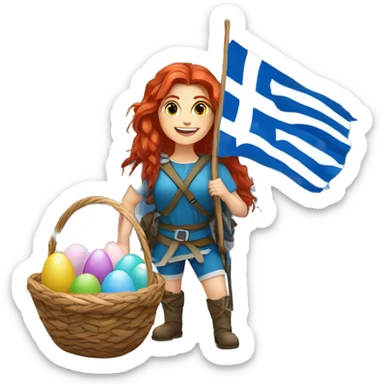 Greek Female winter mountaineer red hair white skin climbing with Greek Flag and Easter eggs basket sticker