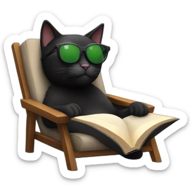 Black cat with sunglasses in lounge chair reading a book  sticker