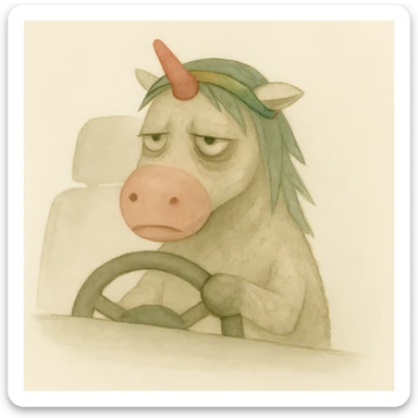 Place a dirty, crumpled unicorn with bags under its eyes, a drooping horn, and a bright shiny headband behind the wheel of a car in a watercolor art style. Maintain the watercolor style and the unicorn's described features. sticker