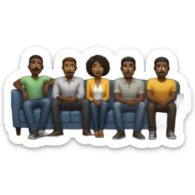 five black mens stand behind the sofa and one white woman sit on sofa sticker