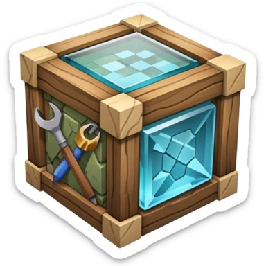crafting table with tools like a minecraft style cube crafting table 100% like a minecraft table crafting, with on the right, left, a glass showing crafting merging between stone and wood sticker