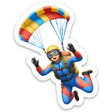 Colorful emoji. A skydiver free-falling through the sky, with a brightly colored parachute open above them. The background features a vast blue sky dotted with fluffy clouds, birds soaring nearby, and a plane flying off in the distance, emphasizing the thrill and freedom of the sport. sticker
