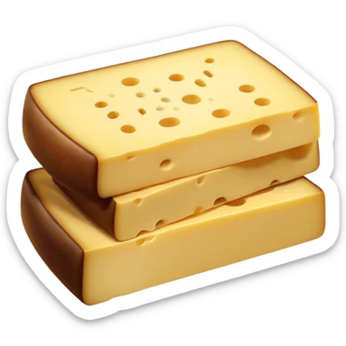 realistic raclette cheese, one or two semi-thick rectangular slices, pale yellow, smooth, darker rind, creamy firm texture, subtle sheen, stacked or fanned, no grill, potatoes, or faces, clean 3D, soft lighting, transparent background, emoji scale sticker