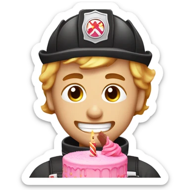 Caucasion male Firefighter eating pink birthday cake sticker