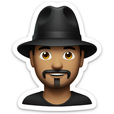 Man with bright red skin, black fedora and black goatee sticker