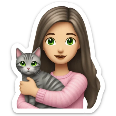 Brunette girl with long hair and green eyes in a pink sweater hugs a gray striped cat sticker