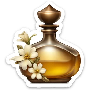 An antique perfume bottle with oil made of bronze and brown crystals, from which white cream and coffee milk flow, yellow flowers of fragrant vanilla lie next to it sticker