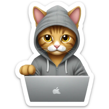 cat is a graphic designer in a hoodie and headphones, working at a computer in photoshop sticker