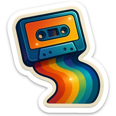 a cassette tape with a rainbow trail, retro sticker style sticker
