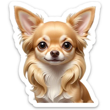 Cinematic Cute Long Haired Fawn Chihuahua Portrait Emoji, Head tilted playfully and inquisitively, silky long fawn hair with gentle highlights, round, sparkling dark eyes filled with curiosity, Simplified yet irresistibly adorable features, highly detailed, glowing with a warm, friendly glow, high shine, affectionate and lively, stylized with a touch of whimsy, bright and endearing, soft glowing outline, capturing the essence of a mischievous yet loving companion, so playful it feels like it could prance out of the screen and into your arms! sticker