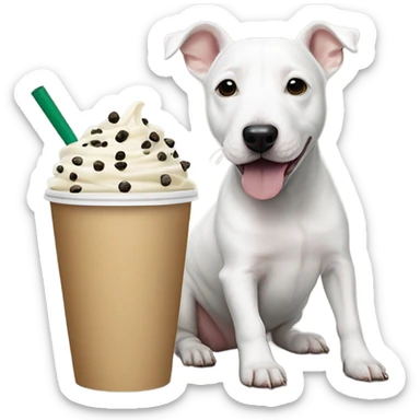 White mini bull terrier with black spots on body and a fluffy parson Russell terrier eating pup cups from Starbucks  sticker