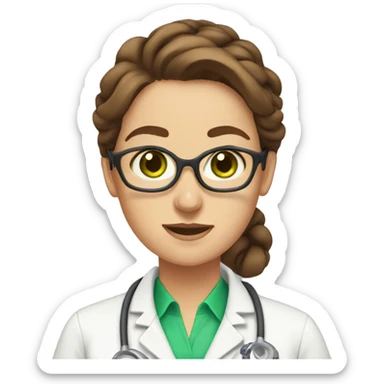 Female scientist with brown hair in a bun green eyes sticker