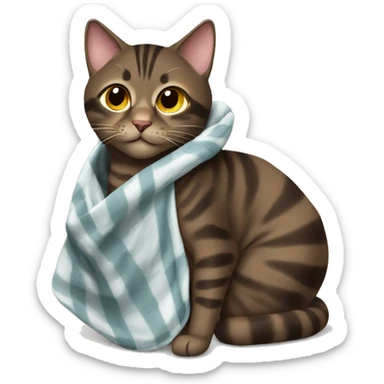 dark brown tabby cat wrapped in blanket sticker