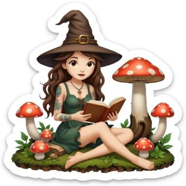 cute forest witch woman long wavy brown hair tattoos reading book on mushroom sticker