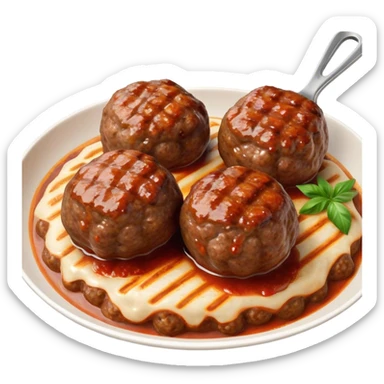 Cinematic Realistic Kofte Dish Emoji, depicted as seasoned, grilled meatballs with a charred exterior rendered with lifelike textures and robust, appetizing lighting. sticker