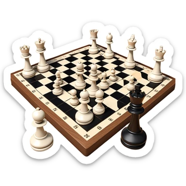 A chessboard with a few strategically placed pieces, including a king, queen, and pawns. The scene highlights the classic black and white squares of the board, emphasizing strategy and thoughtfulness in the game of chess. sticker