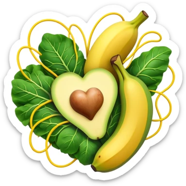 Banana, avocado, potato and leafy greens emitting electrical sparks that flow toward a heart and nervous system. The electrical currents connect the potassium-rich foods to muscles and nerves, highlighting potassium's role as the body's electrical rhythm keeper. sticker