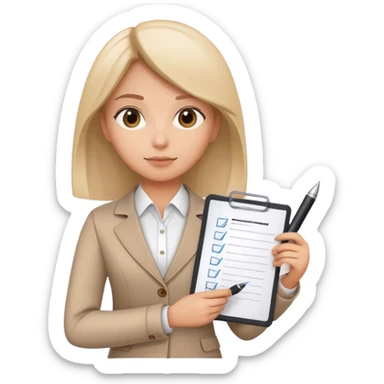 a person holding a checklist and pen, wearing smart casual clothing. The character is in a focused pose sticker