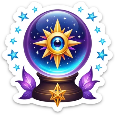 A vibrant, mystical icon symbolizing fortune telling and esotericism. Include elements like a crystal ball, tarot cards, stars, and mystical symbols with a glowing, ethereal feel. The design should be colorful, eye-catching, and evoke a sense of magic and mystery. sticker
