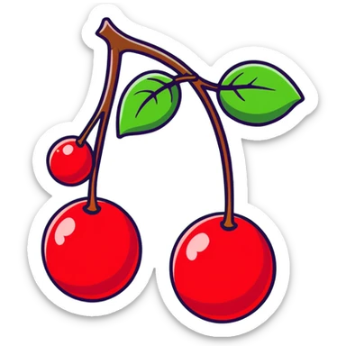 Two plump red cherries hanging from a small branch with green leaves sticker