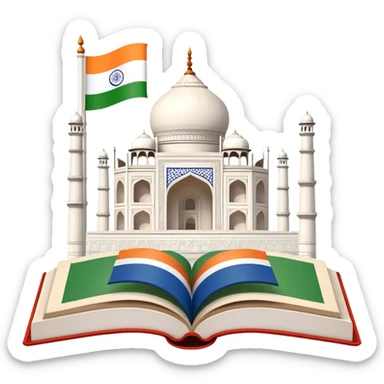 An icon featuring the Taj Mahal and the flag of India, symbolizing the Hindi language. The design includes an open book with Hindi script, representing language learning and cultural richness. Transparent background highlights the heritage of India. sticker