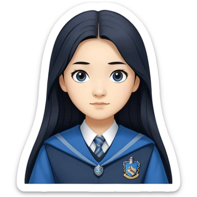 Cho Chang in harry potter, wear hogwarts Ravenclaw uniform, long black hair, not wearing hat sticker