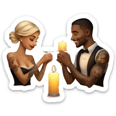 romantic candle light dinner for beautiful tattooed couple sticker