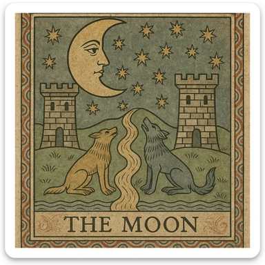 Enhance The Moon tarot card in traditional Marseille tarot style with more vintage details including ornate borders, subtle aging effects, faded colors, and intricate hand-drawn embellishments for a more antique look, maintaining the classic Marseille tarot aesthetic. sticker