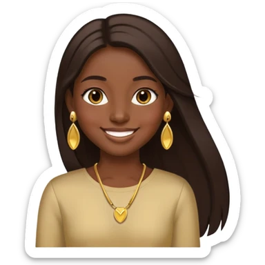 Girl showing happiness, dark skin tone, long straight dark brown hair, gold earrings sticker