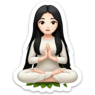 crea un chica blanca con cabello negro largo bonita de ojos marrones vestida de blanco conectando con la naturaleza rodeada de flores meditando  sticker